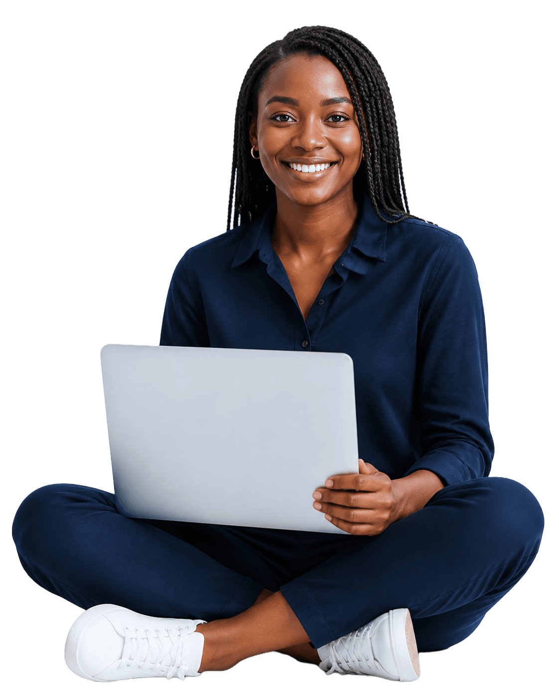 Black African technology consultant seated with a laptop