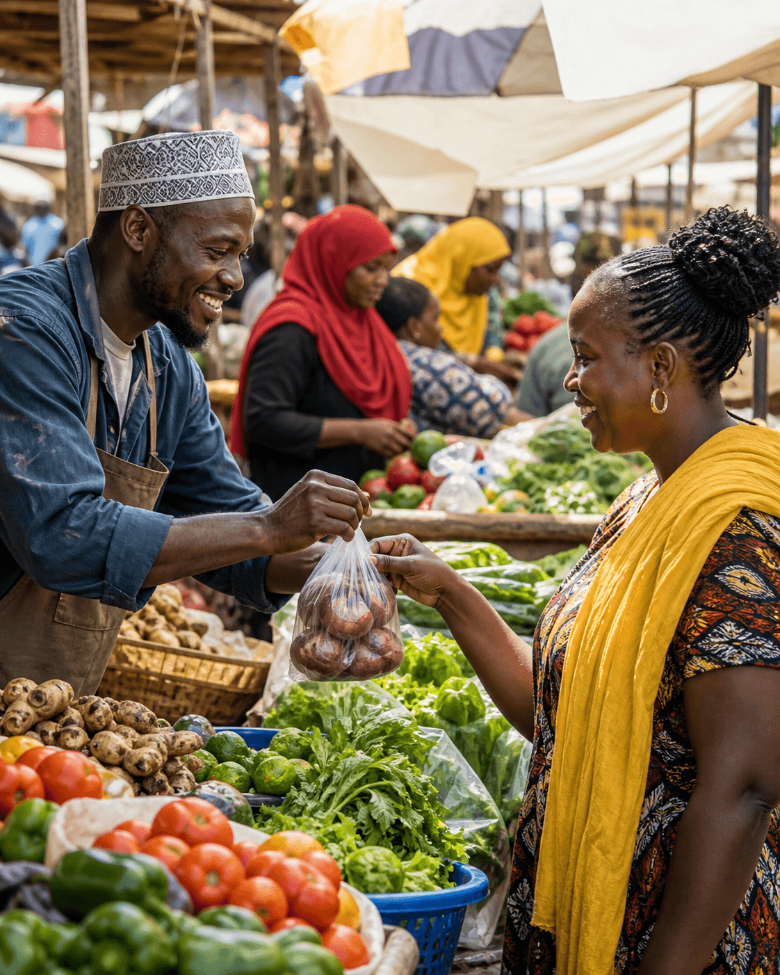Black African women selecting produce at a vibrant open-air market
