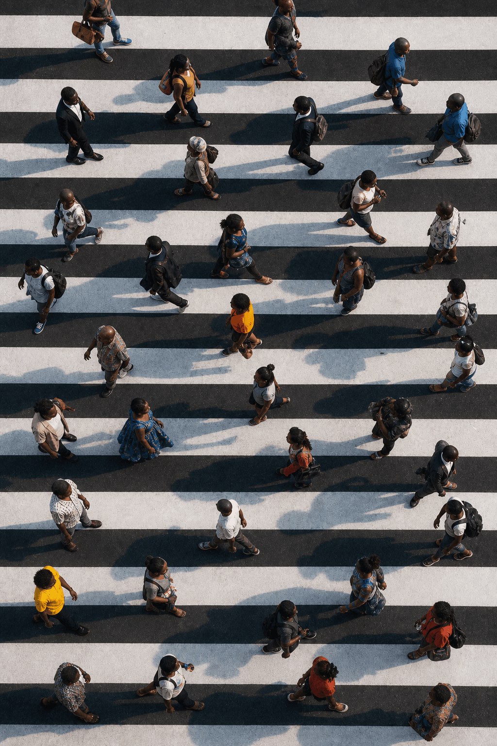Black African pedestrians walking across a graphic black-and-white crossing