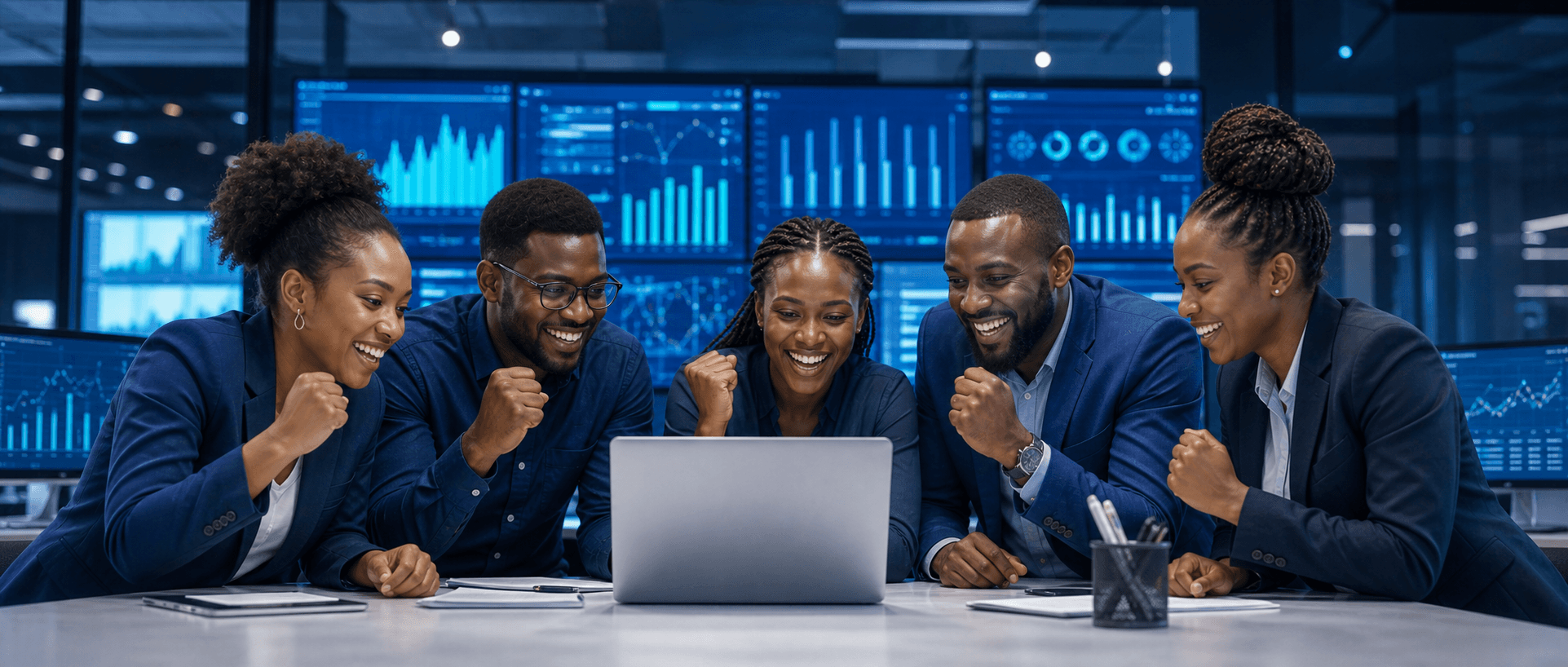 Black African analytics and quality engineering team celebrating a validated data release