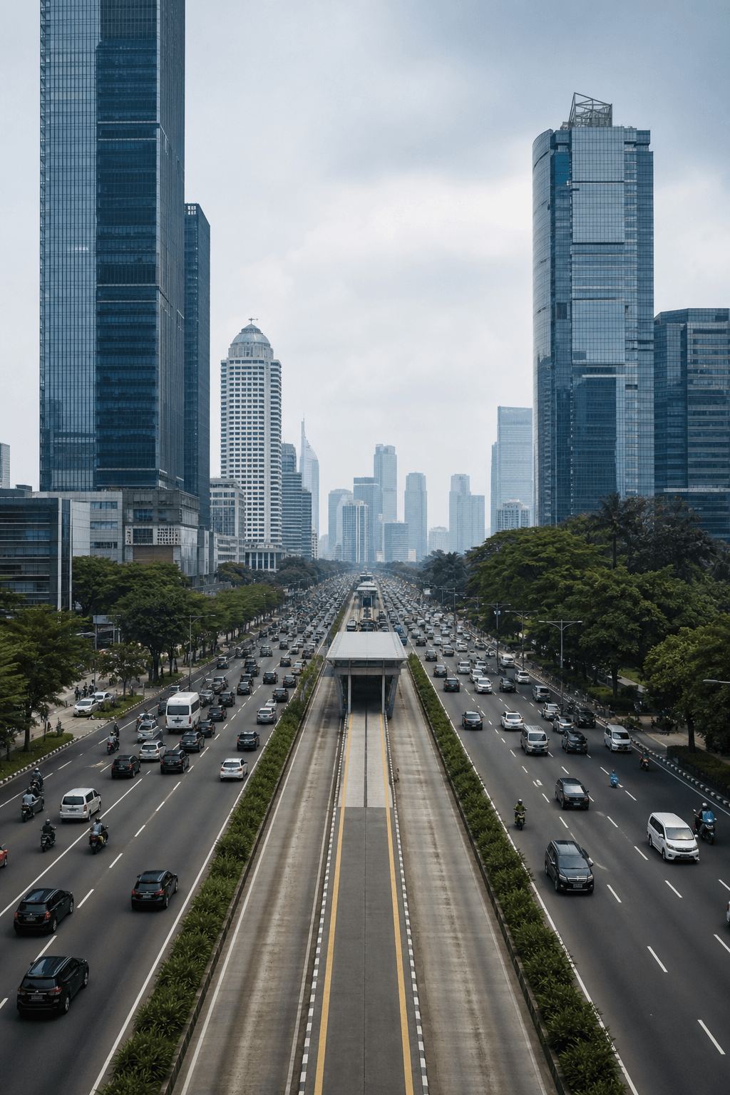 A busy boulevard running through Jakarta's city center