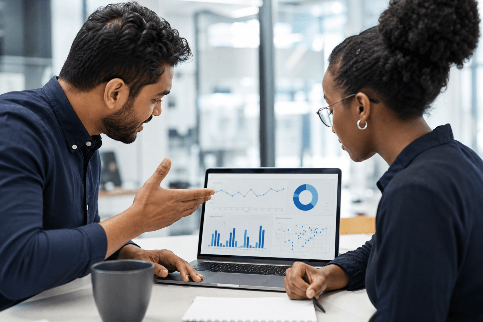 Data analysts exploring charts together on a laptop