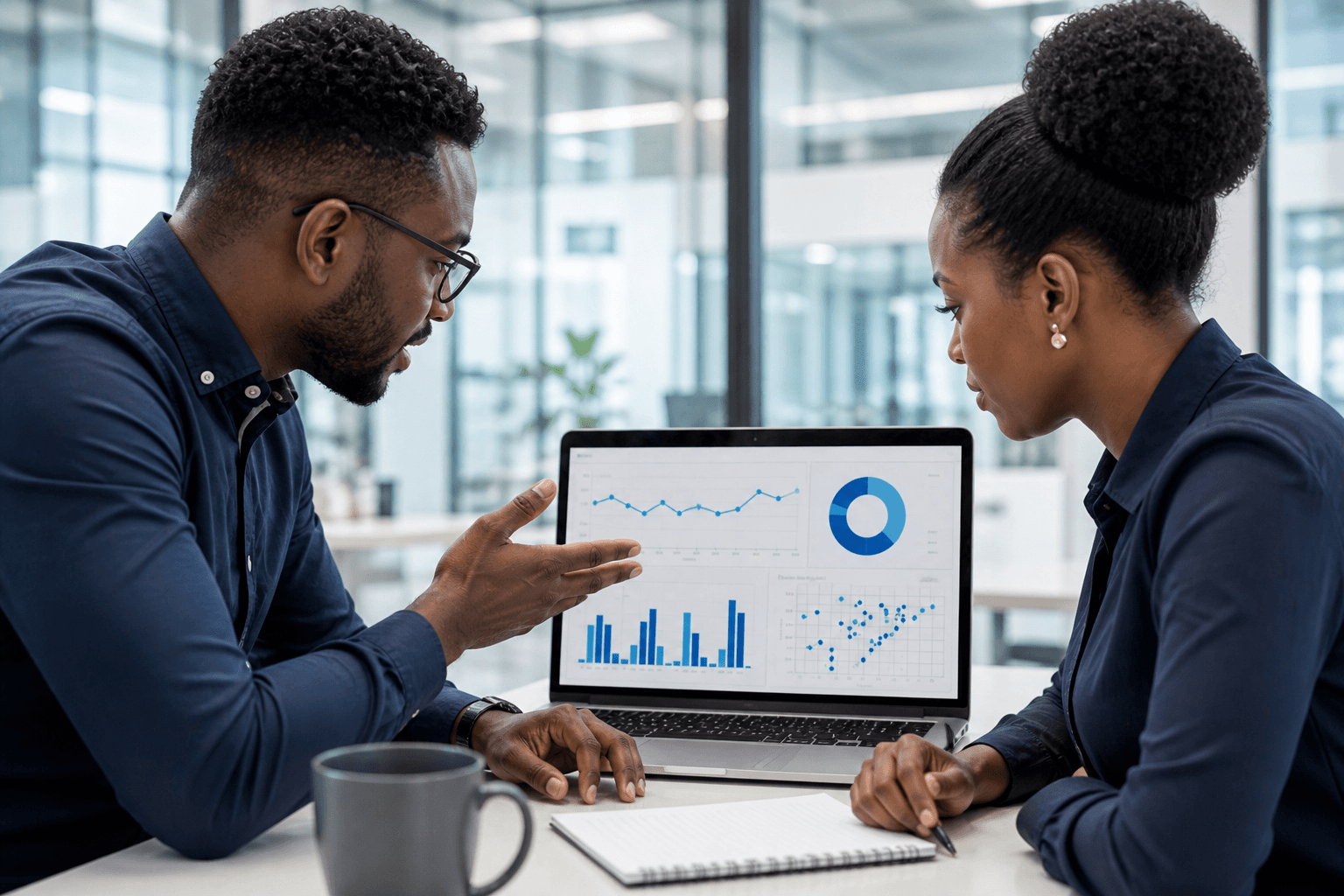Black African data analysts exploring charts together on a laptop