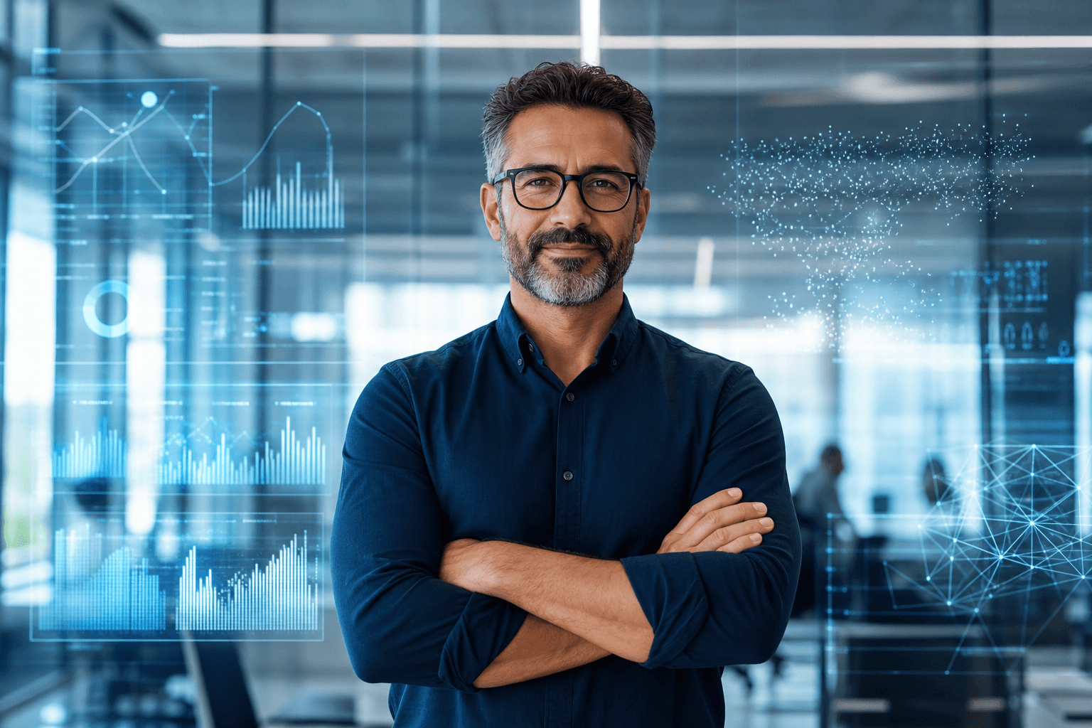 Analytics leader surrounded by predictive data visualizations