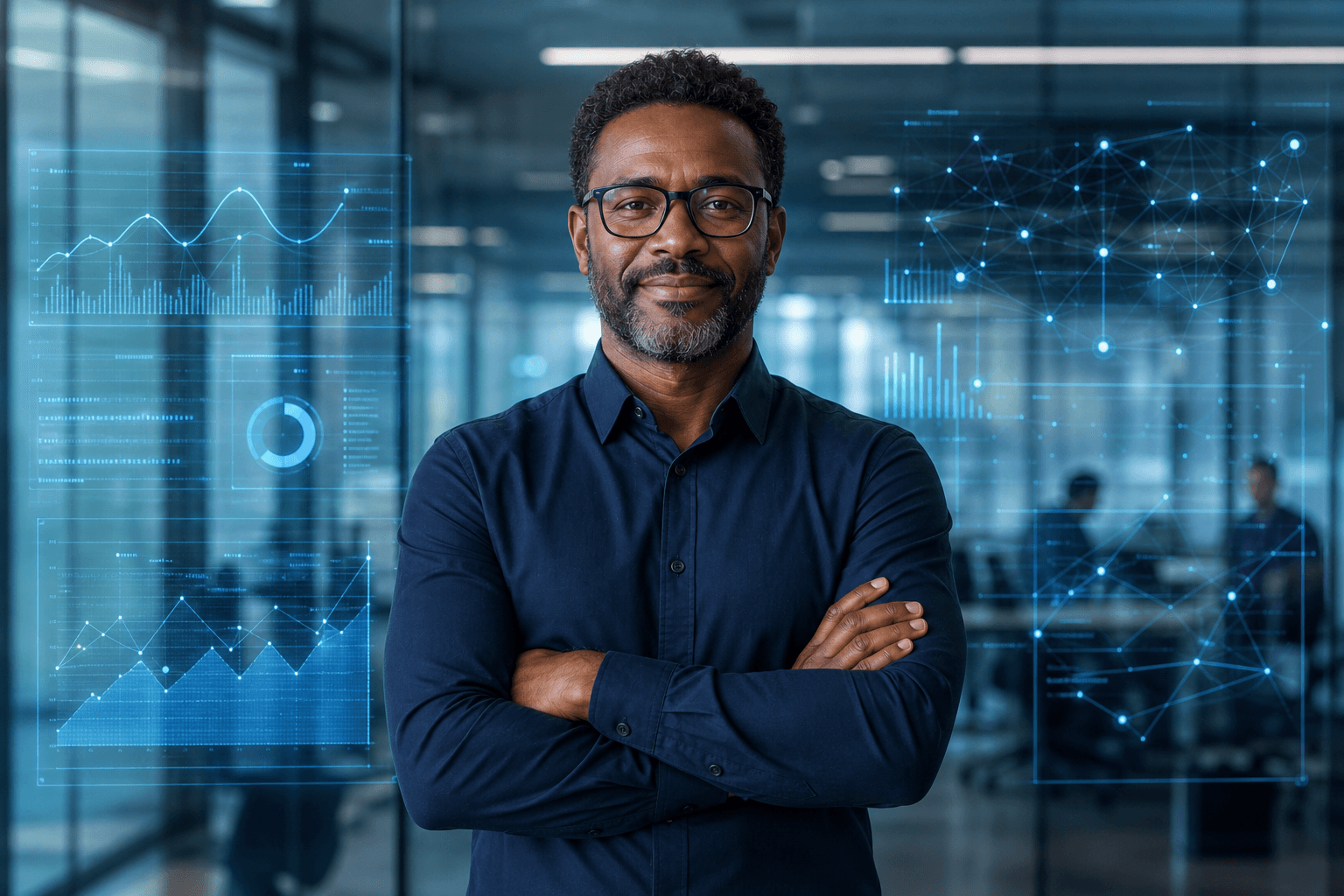 Black African analytics leader surrounded by predictive data visualizations